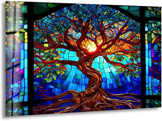 My Photostation.com 43Wx27H'' Stained Blue Life of Tree Glass Wall ArtTempered Glass Printing Wall Decor Large Wall Art Wall Hangings