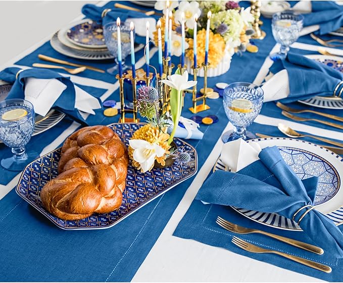 Solino Home Linen Indigo Blue Table Runner 144 Inches Long - 100% Pure Linen Extra Long Table Runner 14 x 144 Inch for Winter, Spring, Easter - Classic Hemstitch