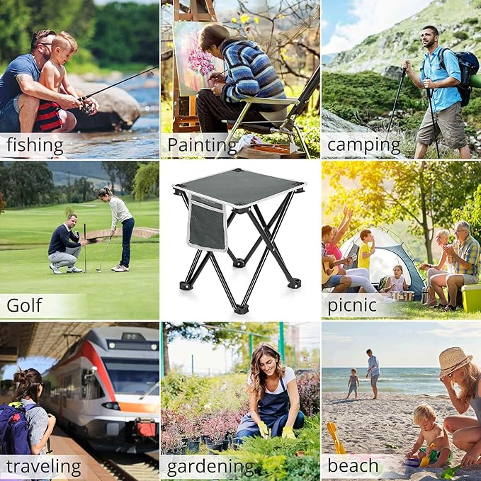 Triple Tree 1 Pack Folding Camping Stool, 13.8 Inch Small Portable Lightweight Stool with Side Pocket, Foot Stool with Carry Bag for Hiking, Fishing and Beach, Hold up to 400lbs, Grey