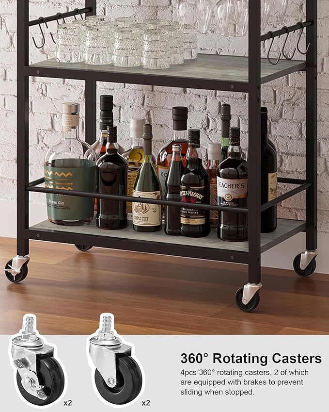 TUTOTAK Bar Cart, Home Bar Serving Cart, Microwave Cart, Drink Cart, Mobile Kitchen Shelf with Wine Rack and Glass Holder, Rolling Beverage Cart for Living Room, Kitchen, Greige BC01BG032