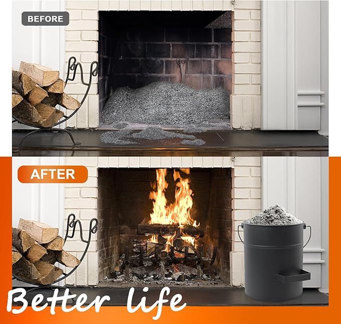 4 Gallon Ash Bucket with Lid and Shovel, Metal Fireplace Ash Bucket with Broom, Complete Fireplace Tools Set for Wood Stove and Fireplace