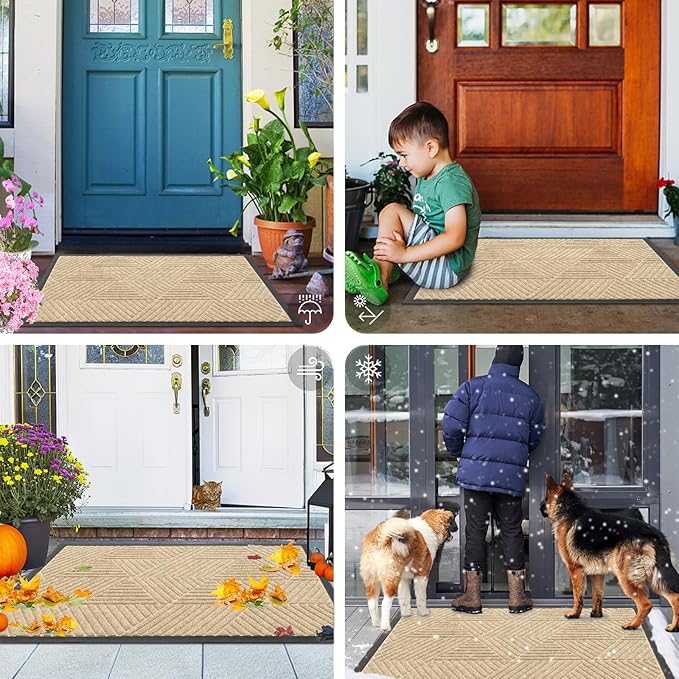 Smiry Front Door Mat Outside Entrance, Heavy Duty Sturdy Natural Rubber Doormat, Trap Dirt and Moisture, Easy Clean Low Profile Mats for Indoor Outdoor Entry, Irregular Triangle (36x24, Cream White)
