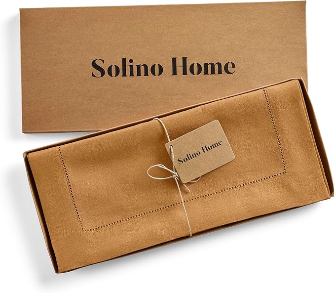 Solino Home Linen Brown Sugar Table Runner 144 Inches Long - 100% Pure Linen Extra Long Table Runner 14 x 144 Inch - Classic Hemstitch