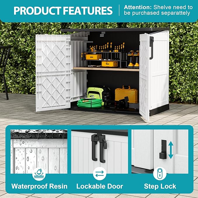 Horizontal Resin Storage Shed 36 Cu Ft with Lockable Doors, Portable Outdoor Storage Cabinet -Waterproof Outdoor Storage Box for Backyards, Easy to Assemble
