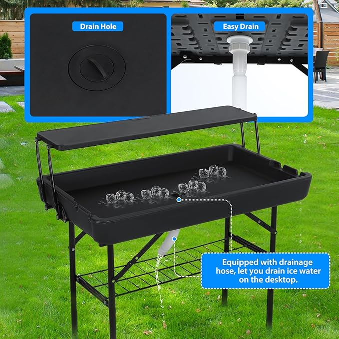 Nice C 4 ft Folding Ice Cooler Table, Party Cooler, Grazing Table, Tables with Drain, Party Tables, with Matching Skirt, Storage Shelf (Black)