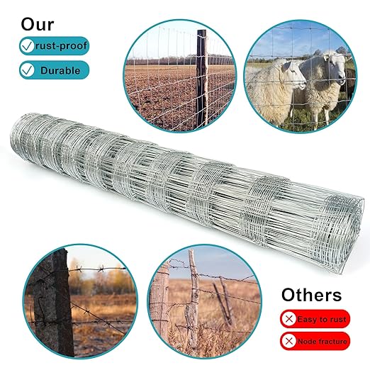 Farm Fence 4ft. x 33ft Galvanized Field Wire Fencing,Heavy Zinc Coating Cattle Fence,Deer Fence,Goat Fence,Hog Wire Fence for Yard Garden & Animals Protection