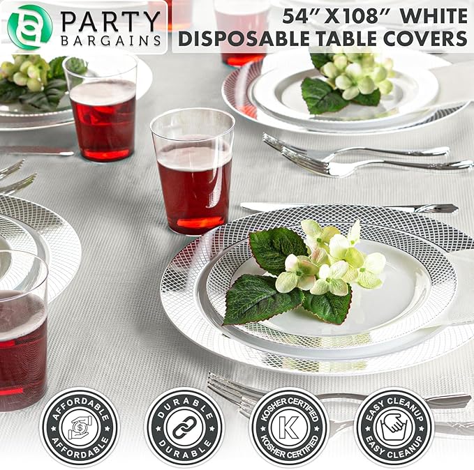 PARTY BARGAINS Disposable Table Covers - 54" X 108" [1 Count] 3 Ply Paper & Plastic White Table Cover
