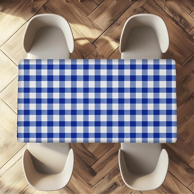 Rectangle Table Cloth Cover Waterproof Elastic Fitted Polyester Fitted Tablecloths for 6 Foot Tables for Indoor,Picnic, Camping, Outdoor （60" x 30"，Blue Grid）