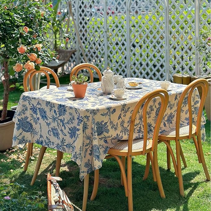 Outdoor Rectangular Tablecloth 60 x 84 Inch, Blue Floral Waterproof Table Cloth, Thick Fabric Dining Table Cover for Outdoor, Easter, Picnic, Farmhouse, Wedding, Spring Summer - Blue Flower