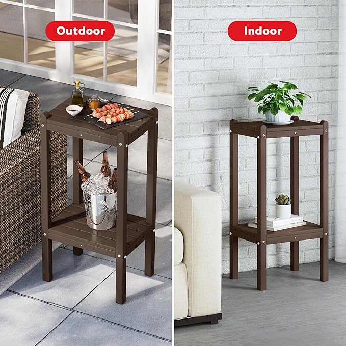 Costaelm Outdoor Side Table, 2-Tier Small Patio Coffee Tables for Outside, Outdoor End Tables for Patio, Adirondack Side Table for Outside, Outside Table for Pool, Porch, Garden, Dark Brown