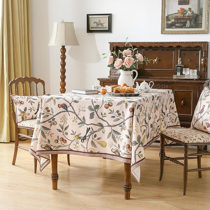 Linen Table Cloth Rectangle,Wrinkle Resistant French Pink Tablecloth Print with Froal,Decor Stitch Table Cloth for Thanksgiving,Dining Room,Home,Kitchen 63" × 87"-Dewey A