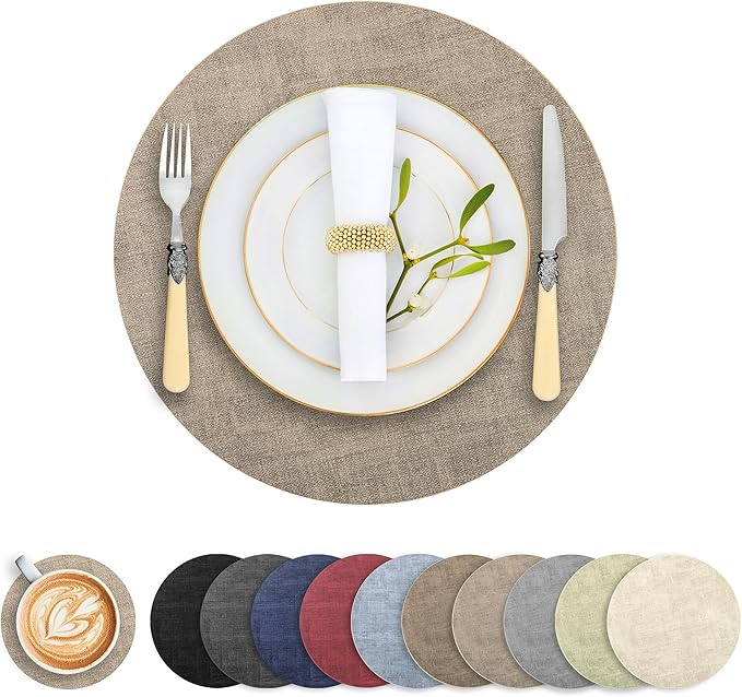 Round Faux Leather Placemats and Coasters, Set of 4, Reversible Heat Resistant Non-Slip Table Mats, Waterproof Wipeable Place Mats for Dining Table, Washable for Indoor & Outdoor (4, Light Brown)