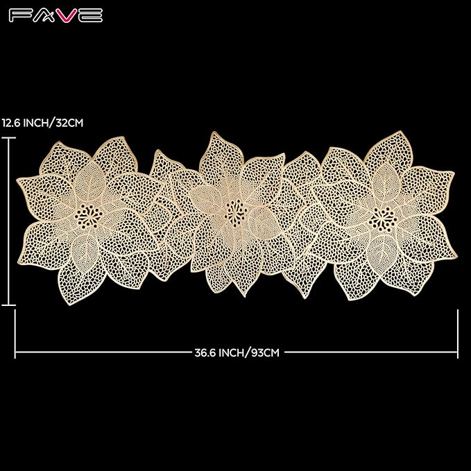 FAVE Gold Table Runners 36 Inches Heat Resistant Table Runner Flower Shaped Vinyl Table Runner Waterproof Washable Table Mats for Wedding, Banquet, Birthday,Party,Restaurant(Gold Flower Shaped)