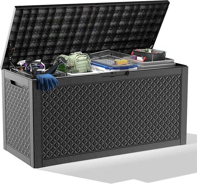 121 Gallon Large Deck Box,Resin Outdoor Storage Box with Lockable for Patio Furniture, Pool Accessories, Garden Tools Waterproof Outside Storage Box, Black