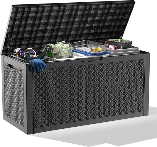 121 Gallon Large Deck Box,Resin Outdoor Storage Box with Lockable for Patio Furniture, Pool Accessories, Garden Tools Waterproof Outside Storage Box, Black