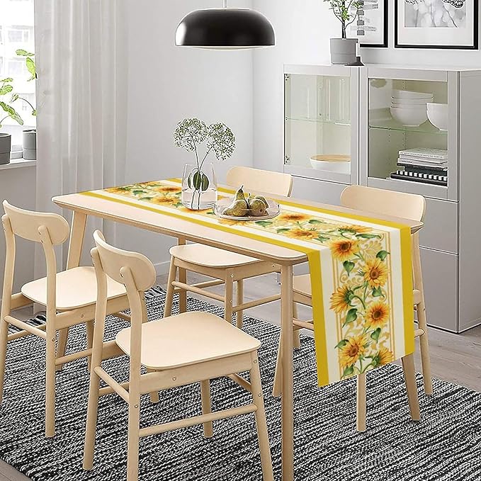 Yellow Sunflower Table Runner, Spring Summer Seasonal Floral Farmhouse Rustic Vintage Flower Print Table Cover for Home Kitchen Dining Table Decor Party, 13x36inch