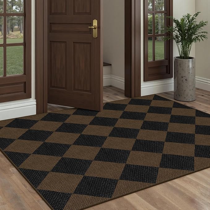Easy Jute Checkered Area Rug, 3x5 Indoor Outdoor Entryway Rug Washable Coffee Modern Diamond Kitchen Rugs, Non-Slip Neutral Farmhouse Throw Carpet for Living Room Patio Kids Room
