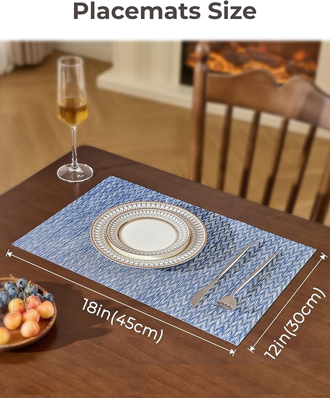 Leetaltree Blue Placemats Set of 4 - Heat Resistant Non-Slip Place mats for Dining Table, Washable Durable PVC Vinyl Woven Table Mats（Blue Zigzag, 4）