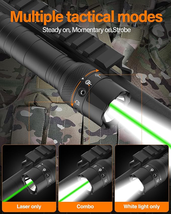 TOUGHSOUL M-Rail Green Laser Tactical Flashlight 1250 Lumens, Rechargeable Flashlight with Remote Pressure Switch LED Light with Rechargeable Batteries and Charger Included (M-Rail-Light+Laser)