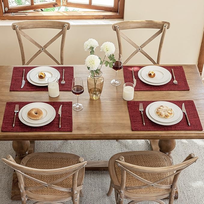Blue Forest Placemats Set of 4, Dual-Layered Thickened Faux Linen Cloth Place Mats Heat Resistant Machine Washable Wrinkle Free Table Mats Indoor/Outdoor (Red)