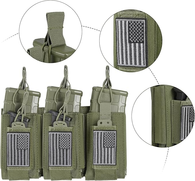 Open-Top Single/Double/Triple Molle Mag Pouch for 5.56mm M4 M16 AK AR Glock M1911 9mm Elastic Rifle Magazines Pistol Mag Pouches Holder Carrier with USA Flag Patch