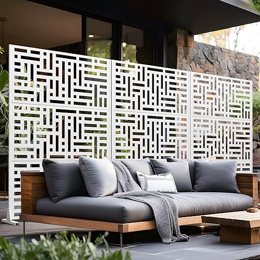 Casaphoria Metal Privacy Screen Outdoor, 72" H x 47" W Freestanding Decorative Privacy Screen for Patio Deck Balcony Garden with Stable Base, White-Helen