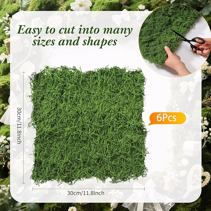 Zeyune 6 Pcs Fake Moss Table Runner for Crafts Artificial Moss Sheet Roll Waterproof Carpet Blanket for Wall Roof Garden Wedding Party Decoration (11.8 x 11.8 Inch)