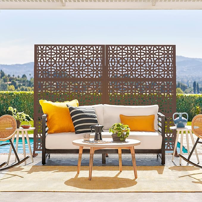 Elevens Outdoor Decor Privacy Fence Screen Metal Fence Panels,Decorative Privacy Screen with Stand,Outdoor Divider for Garden Patio Backyard,76" H×35" W(Brown-Perilla)