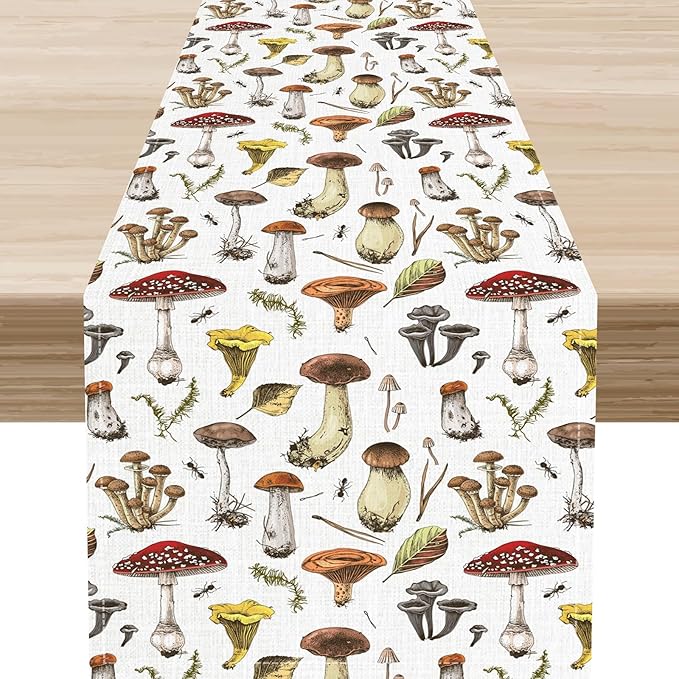 Mushroom Table Runner, Rustic Farmhouse Forest Plants Retro Botanical Country Coffee Table Center Decor for Home Kitchen Dining Patio Holiday Party Indoor Outdoor Table Decorations, 13"x36" Inch