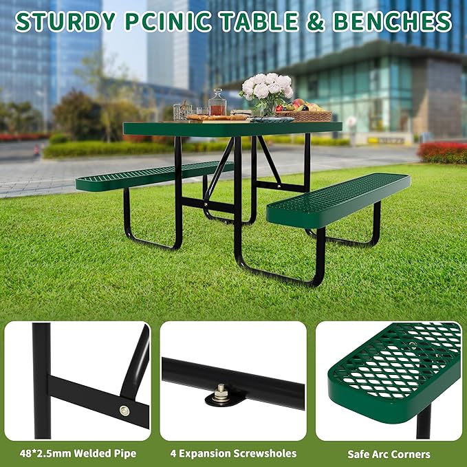 4FT Rectangular Metal Picnic Table for Outdoors, Commercial Steel Metal Picnic Tables, Heavy Duty Sturdy Picnic Tables Furniture Set for Patio Garden Courtyard BBQ, With Umbrella Hole, Green