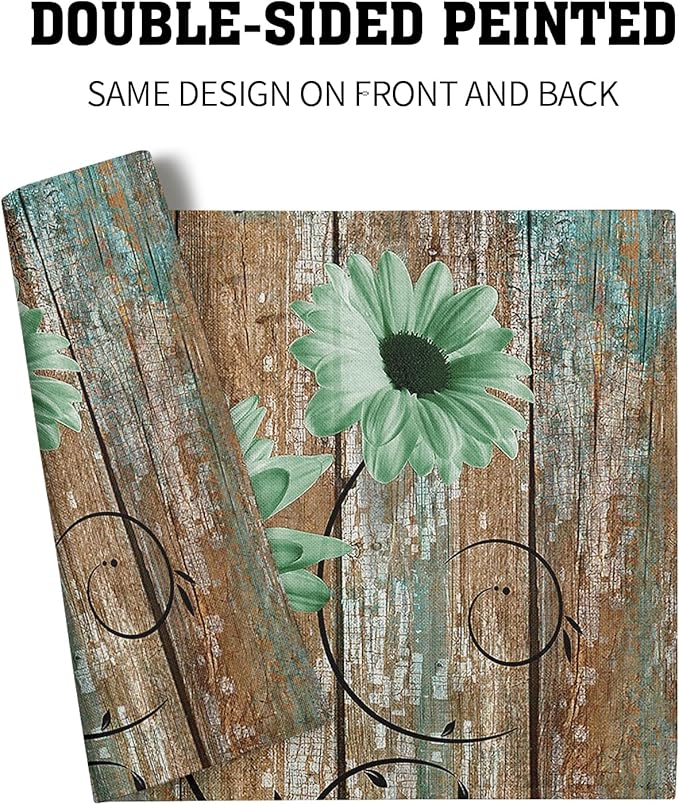 Giwawa Rustic Daisy Placemats Set of 4- Green Sunflowers on Vintage Wood Board Linen Place Mat- Farmhouse Wooden Non Slip Heat Resistant Table Mats for Dining Kitchen Cabin Lodge Decor