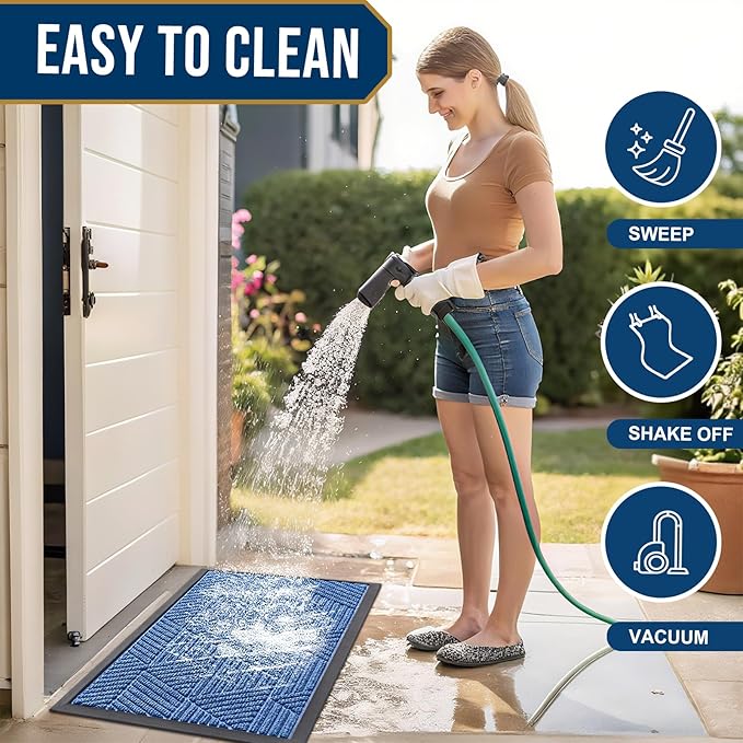 Smiry Front Door Mat Outside Entrance, Heavy Duty Sturdy Natural Rubber Doormat, Trap Dirt and Moisture, Easy Clean Low Profile Mats for Indoor Outdoor Entry, Irregular Triangle (59x35, Blue)