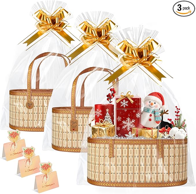 Leevcok 3 Set Baskets for Gifts Empty, Large Bamboo Gift Basket with Handle, Foldable Reusable Decorative Woven Basket for Christmas, Baby Shower, Mother's Day, Housewarming, Wedding