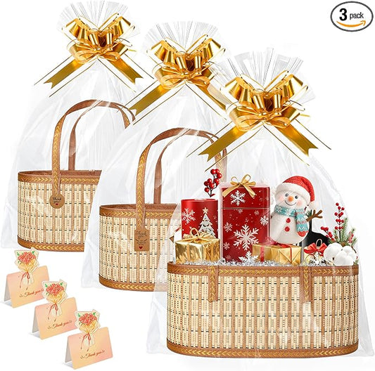 Leevcok 3 Set Baskets for Gifts Empty, Large Bamboo Gift Basket with Handle, Foldable Reusable Decorative Woven Basket for Christmas, Baby Shower, Mother's Day, Housewarming, Wedding