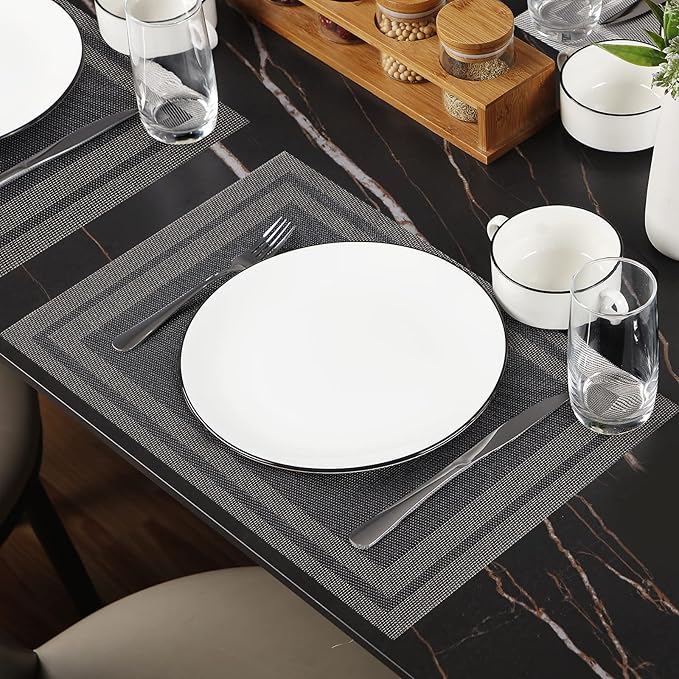 Placemats Set of 8,Washable,Heat and Stain Resistant Indoor/Outdoor Place mats,Vinyl Woven Non Slip Table Mats for Restaurant Table Protection,PVC Placemats(Black Gold 8PCS)