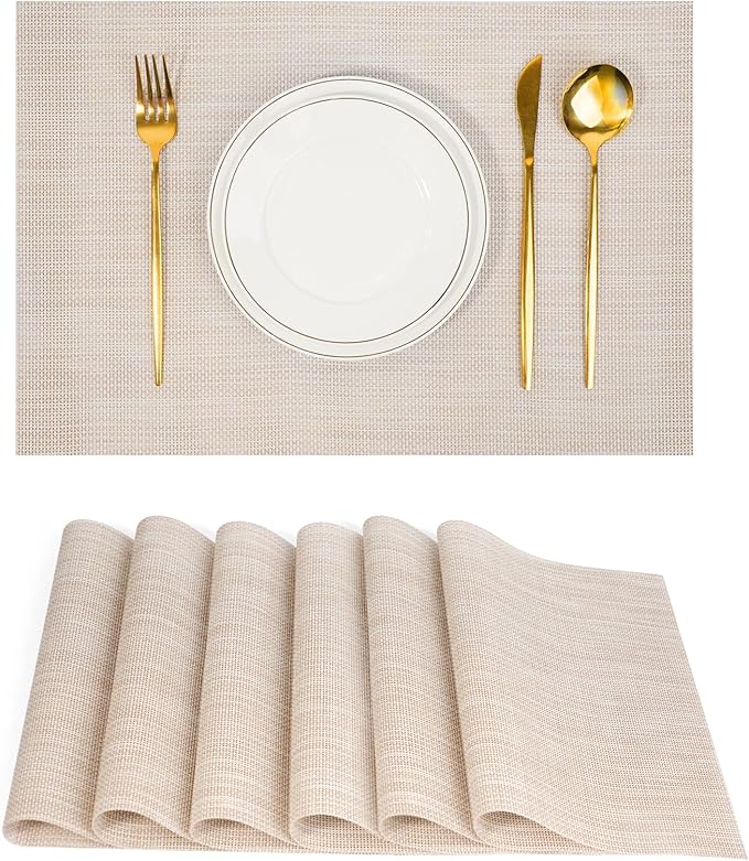 Placemats Set of 6，Non-Slip PVC Weave Table Mats Easy to Clean，Heat Resistant Place Mats for Kitchen Dining Table Decoration Indoor Outdoor，Beige White