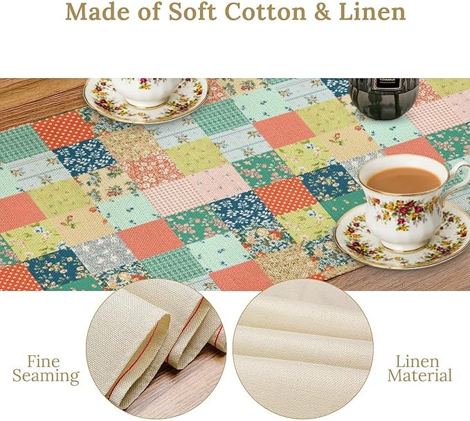 Boho Floral Patchwork Table Runner, Colorful Flower Print Rustic Farmhouse Country Vintage Paisley Table Runner for Dining Cafe Holiday Kitchen Home 13x70in