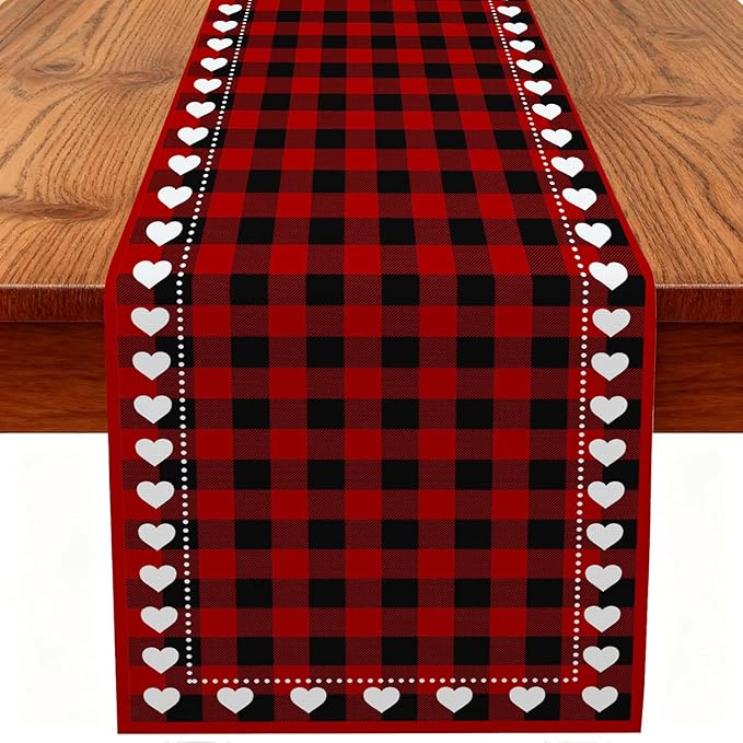 Valentine’s Day Love Heart Red Black Buffalo Plaid Table Runner 13x72 Inch Seasonal Holiday Kitchen Dining Tabletop Runners for Anniversary Mantel Party Indoor Outdoor Decoration