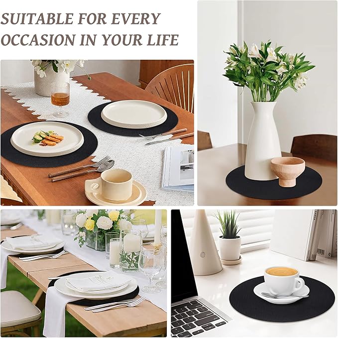 13" Round Placemats Set of 12, Reversible Faux Leather Heat Resistant Table Mats, 100% Waterproof Oilproof Wipeable Table Protective Placemats for Vinyl, Washable for Indoor (12, Black)