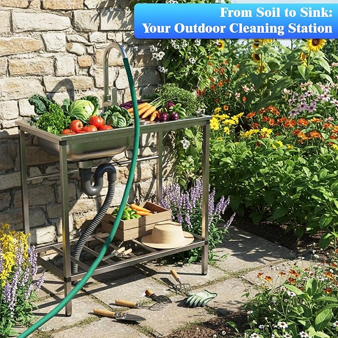 Stainless Steel Utility Sink with Cabinet, Outdoor Sinks Station for Patio & Camping, Kitchen and Cabinet Combo Stainless Steel