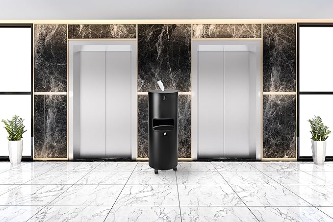 Zahari Home Stainless Steel Floor Stand Wipe Dispenser with Built-in Trash Can. Perfect for Gyms, Schools, Offices. Easy to Move with 360 Rotatable Wheels, Black