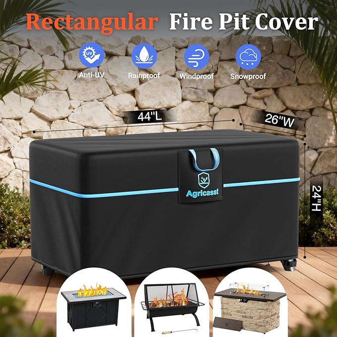 Fire Pit Cover Rectangular for 40''- 44'' Fire Pit, 600D Heavy Duty Firepit Cover Waterproof Fire Table Cover with Air Vent, Handle, 4 Windproof Buckles, Drawstring - 44''L x 26''W x 24''H