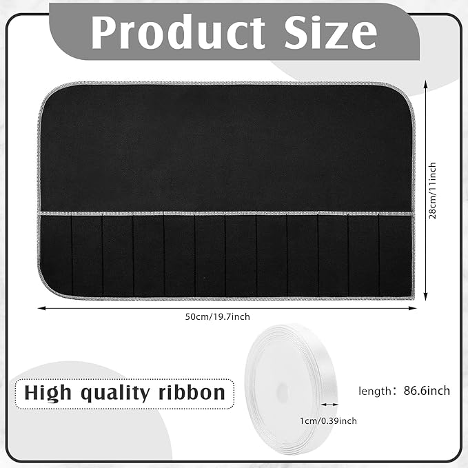 Hillban 12 Pcs Anti Tarnish Silver Storage Bags Silver Storage Cloth Felt Flatware Organizer Anti Tarnish Protector Bags Place Setting Roll with White Ribbon for Kitchen Cutlery (12 Slots,Black)