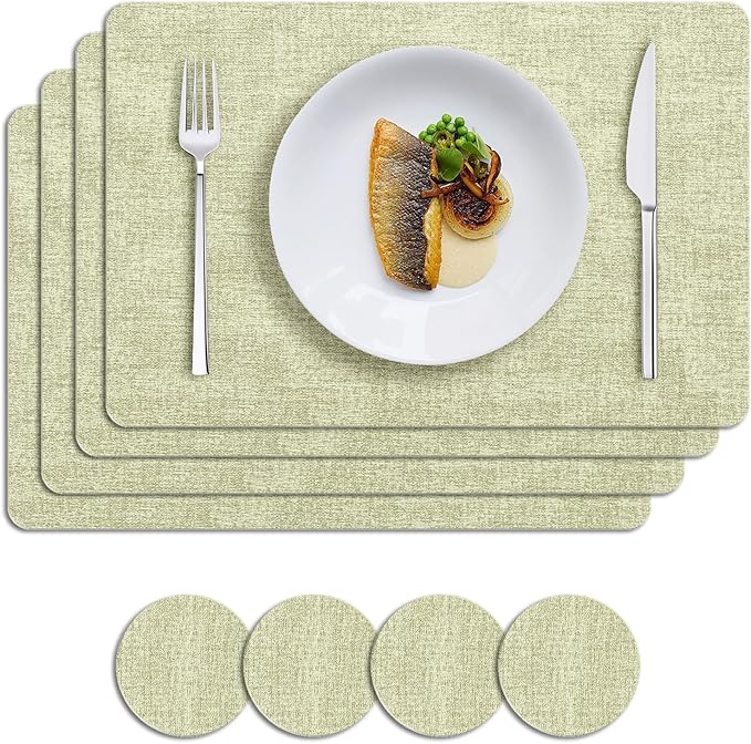MOSAYT Faux Leather Placemats Set of 4, Heat Resistant Vinyl Place Mats with Coasters, Wipeable Washable Waterproof Oil Proof Table Mats for Kitchen Dining Indoor Outdoor, 12" x 17", Sage Green