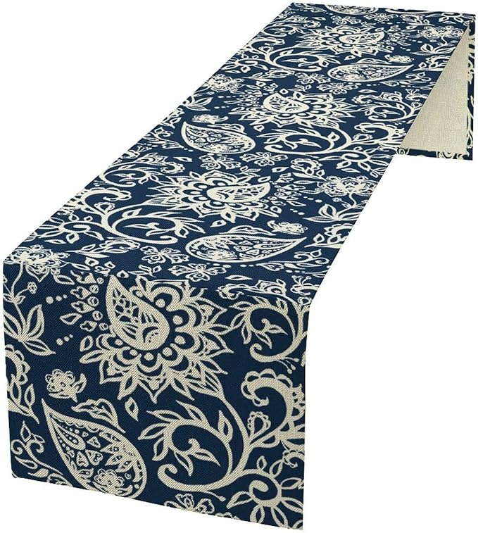Blue Paisley Table Runner, Vintage Damask Antique Floral Flower Boho Damask Swirled Rustic Coffee Table Center Decor for Family Kitchen and Living Room Outdoor Table Decorations, 13"x36"