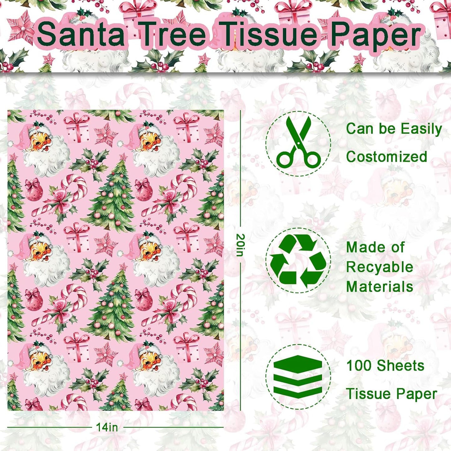 100 Sheets Pink Santa Tissue Paper, Santa Claus Xmas Tree Berries Bell Patterns Decorative Art Paper for Winter Home Party DIY Crafts Christmas Party Supplies, 13.8 x 19.7 Inch
