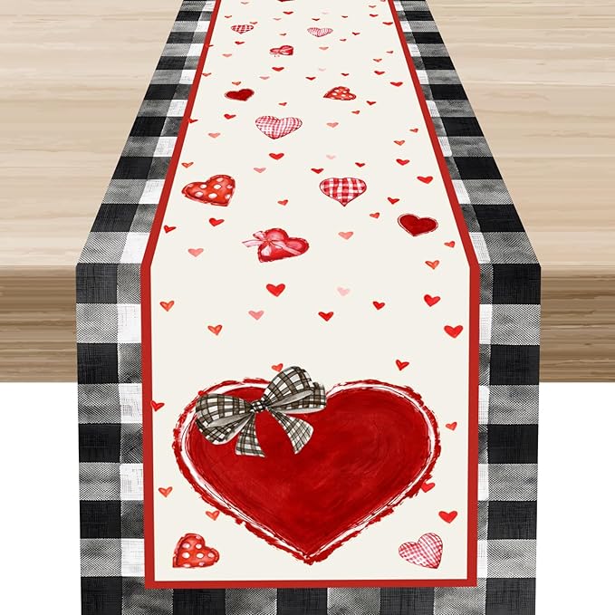 Valentines Day Table Runner,Vintage Red Black Heart Buffalo Plaid Valentines Decor for Table Seasonal Lovely Decor for Indoor Outdoor Dining Table Decorations, 13"x90"