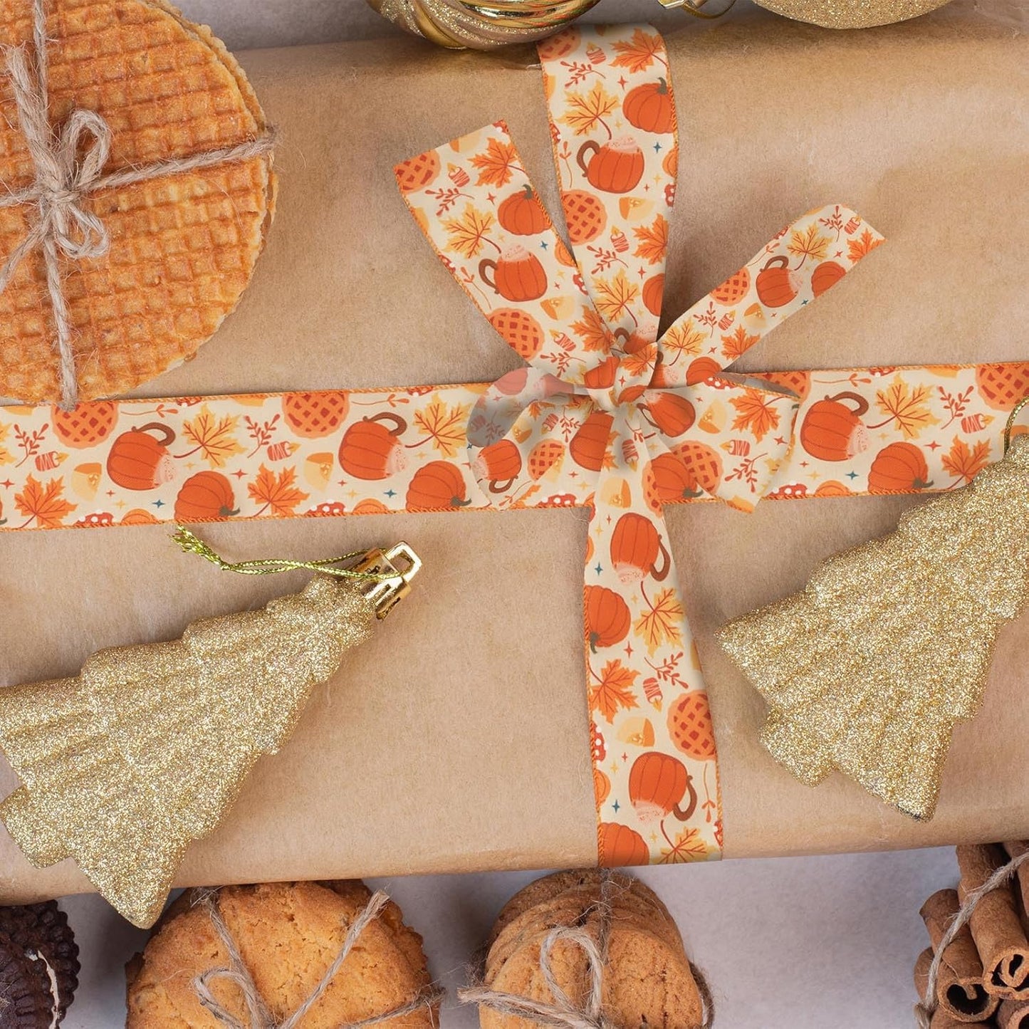 2 Rolls Fall Pumpkins Ribbons for Bows, Thanksgiving Wired Edge Ribbon Autumn Maple Leaf Burlap Ribbons for Gift Wrapping Fall Thanksgiving Decoration Supplies