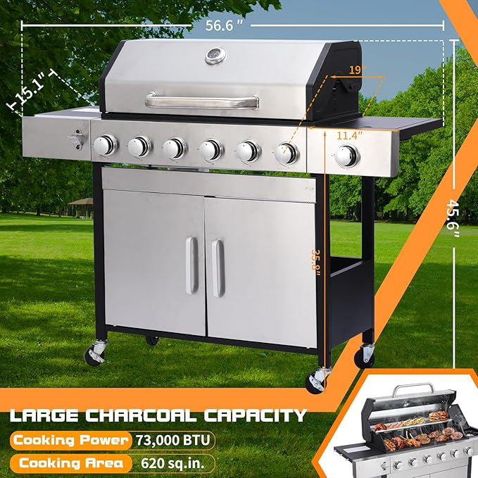 CIG GARDEN 6 Burner Propane Gas Grill With Side Burner,3 in 1 Gas BBQ Grill,73000 BTU Outdoor Barbecue Propane Griddle Grill Combo for Camping, Patio, Backyard