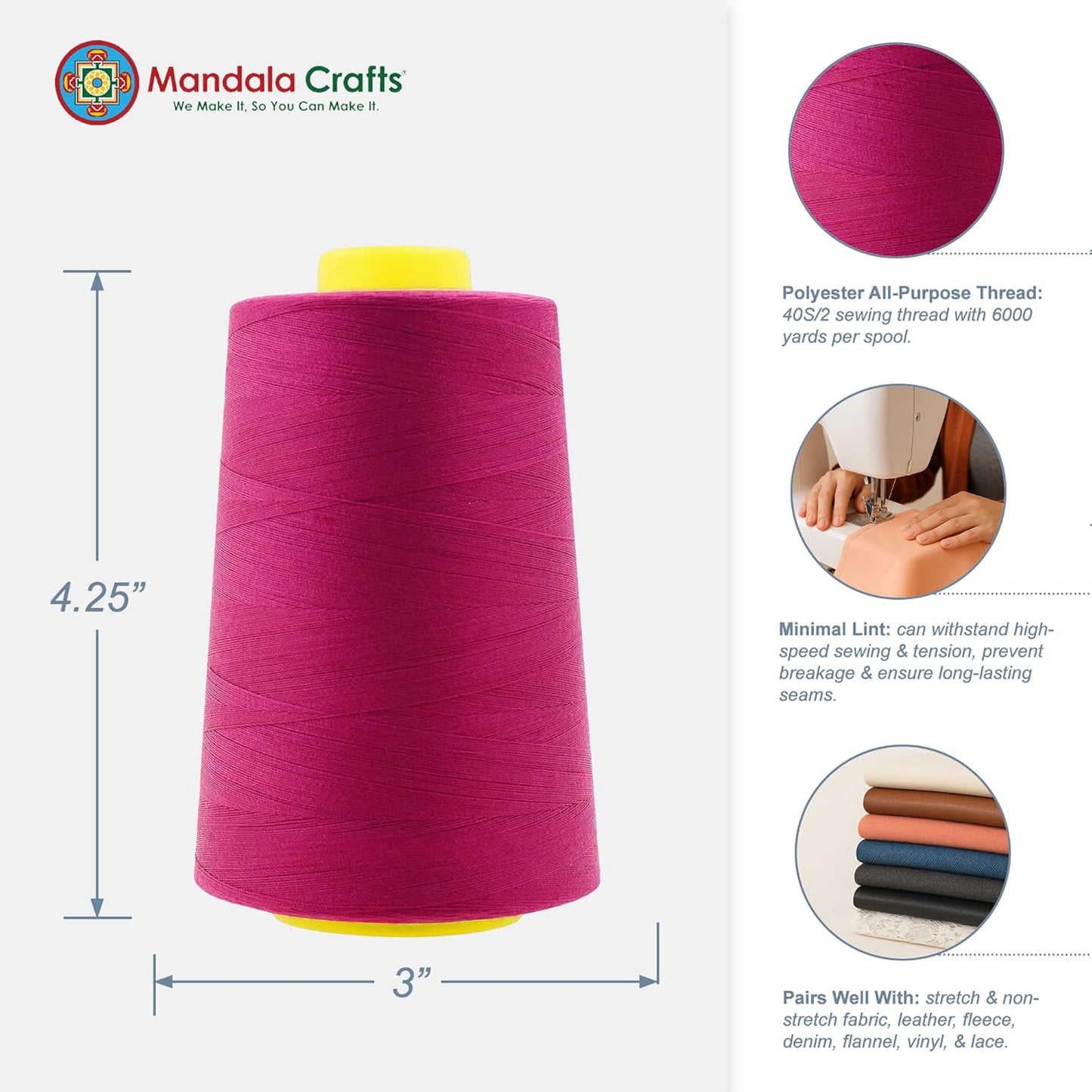 Mandala Crafts 4 Pack of Serger Threads Cones Spools - 40S/2 24000 Yards Polyester Magenta Threads for Sergers Machine and Overlock Quilting Sewing Machine